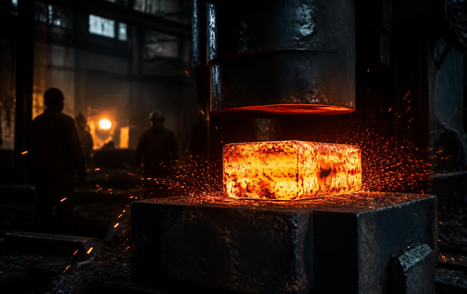 Glowing steel billet pressed on an anvil inside the Anvil & Sons forge